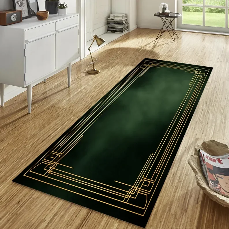 Läuferteppich im Art-Deco-Stil, Art-Deco-Läuferteppich, Art-Deco-Teppich, minimalistischer Läuferteppich, Art-Deco-Bereichsteppich, Gold- und Grüner Läuferteppersteppich Image
