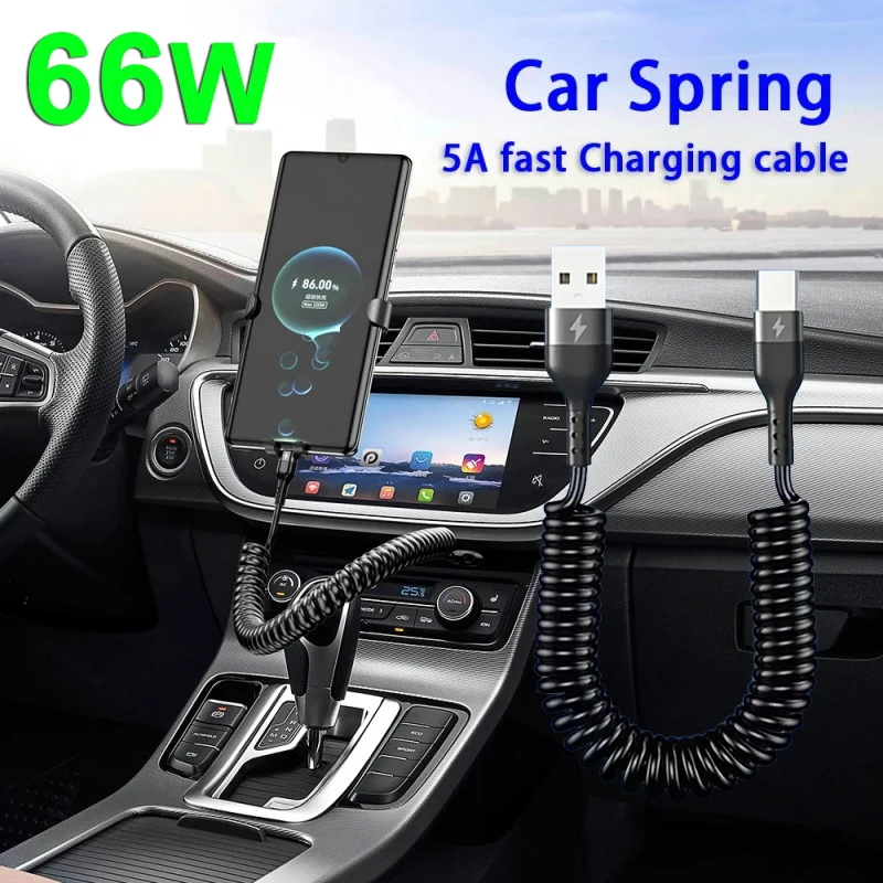 5A 66W Teleskop-Datenkabel mit Federzug USB auf Typ-C/Dual Typ-C Schnellladekabel 1M 1,8M 2M für Auto für iPhone17 Xiaomi17 Image