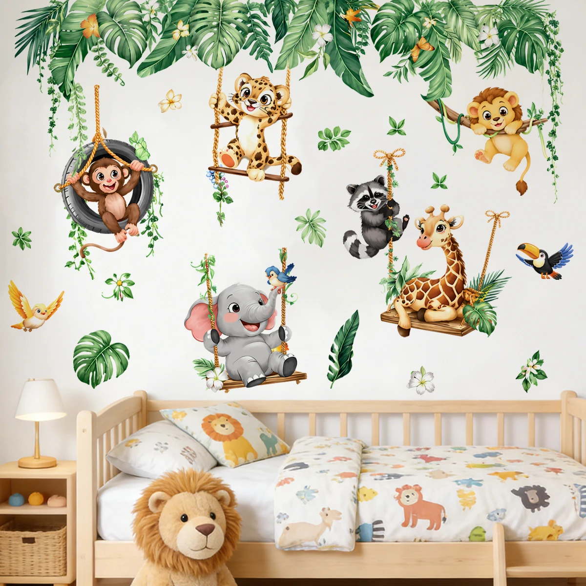 Dschungeltiere Wandaufkleber für Kinderzimmer, Safari Affe Giraffe Elefant Löwe Wandtattoos, Abziehen und Aufkleben Kinderzimmer Wanddekoration
