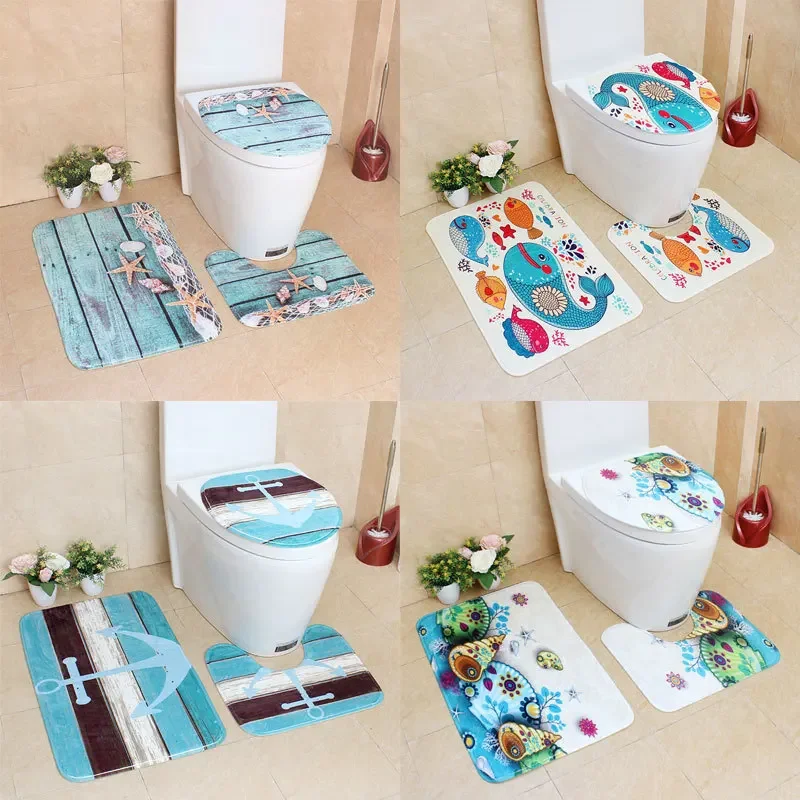 HQ 3 pièces ensemble de tapis de salle de bain océan monde sous-marin anti-dérapant cuisine tapis de bain corail polaire tapis de sol lavable salle de bain tapis de toilette