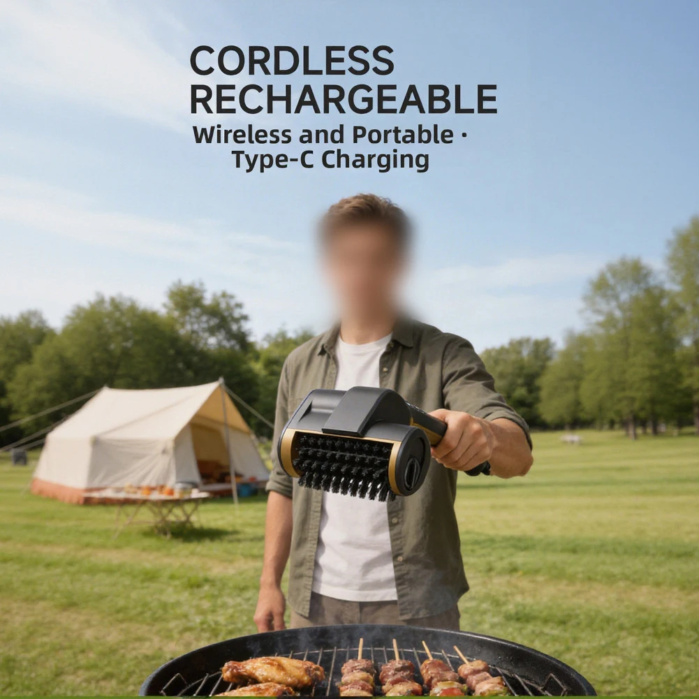 Elektrische Grillbürste mit 3 austauschbaren Köpfen für Grillroste, automatische rotierende Reinigungsbürste, 2-Gang-Reiniger, Camping-Werkzeuge Image