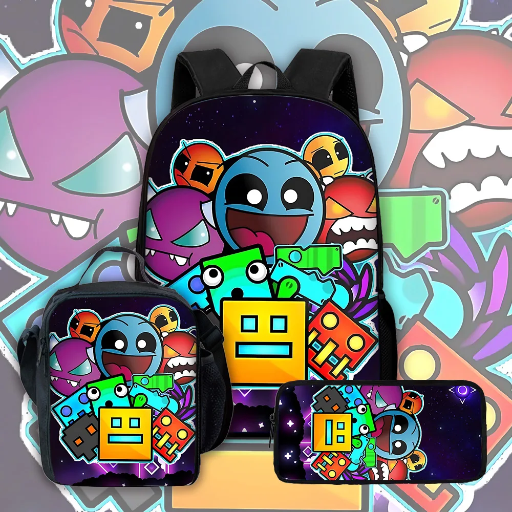 Sac à dos d'école pour enfants, jeux de dessin animé Angry Geometry Dash, avec sacs à déjeuner, sacs à crayons, sacs d'école pour garçons et filles, meilleur cadeau