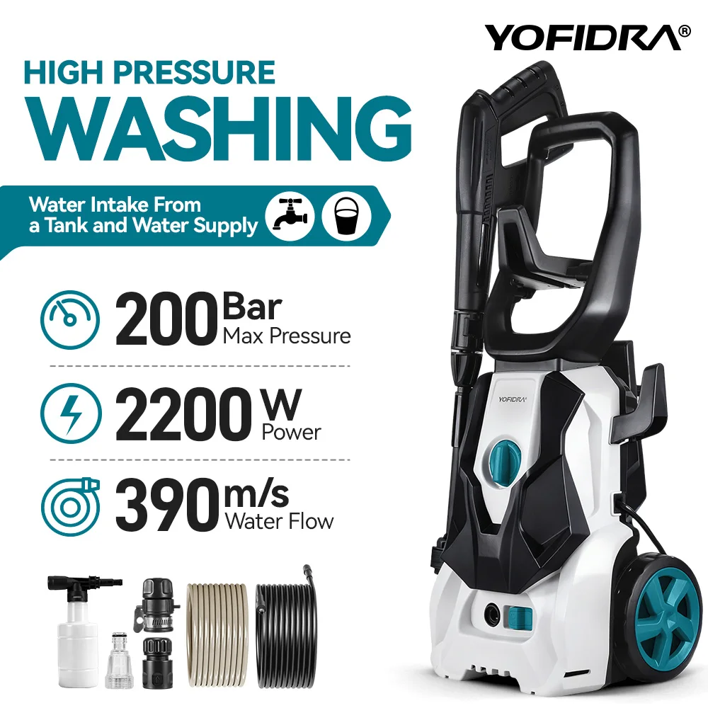 YOFIDRA Elektrische Hochdruck-Autowaschpistole 2200W 200Bar Garten- und Industriereiniger Wassersprühpistole 180 ° Verstellbare Düse