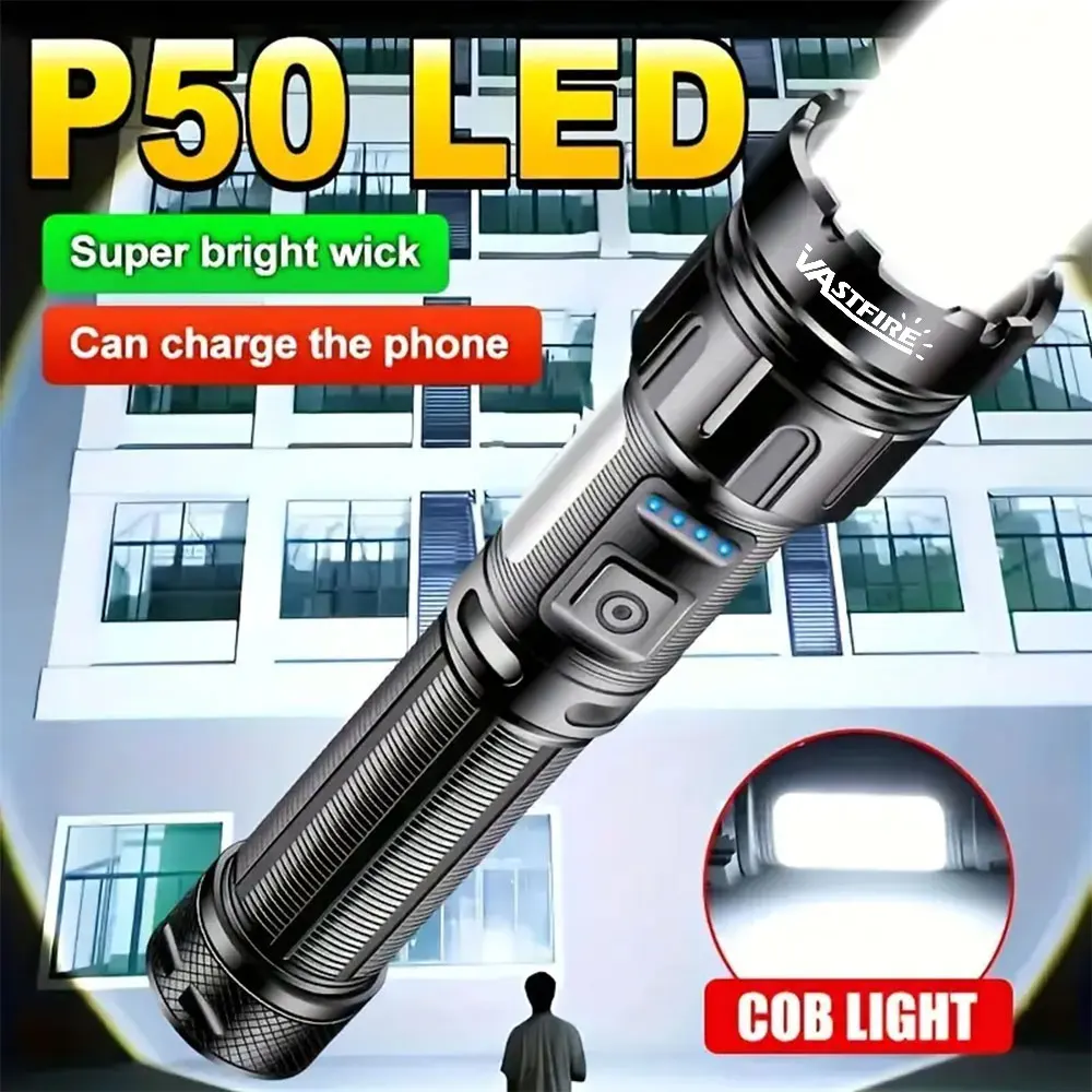 Hochleistungs-Taktische Taschenlampe mit COB-Licht Zoom-LED-Taschenlampen 300000LM USB-Aufladung Camping Angeln Verteidigung Laterne Fackel Image