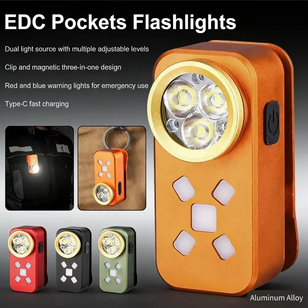 Mini EDC Taschenlampe LED Typ-C USB-Aufladung Rot-Blaue Warnleuchte Tragbare Magnetische Clip-Leuchte für Outdoor Camping Wandern Image
