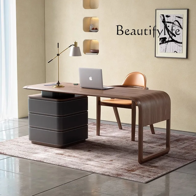 Italienischer, minimalistischer Schreibtisch, Designer-Heimschreibtisch, Schreibtisch aus hochwertigem Walnussholz-Sattelleder