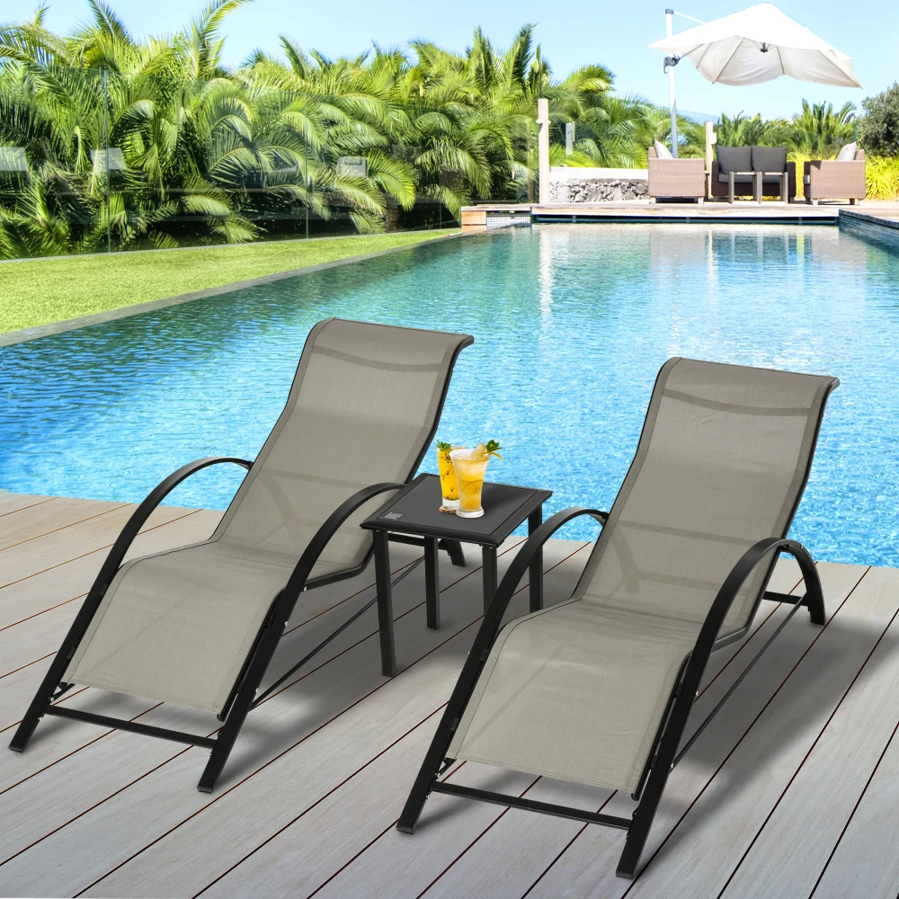 Ensemble de 3 chaises longues de jardin avec table, ensemble de mobilier de jardin avec 2 chaises longues et 1 table d'appoint, en métal gris et noir pour terrasse et jardin