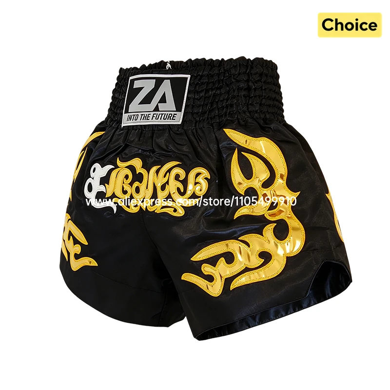 Muay Thai Shorts Thai-Boxshorts für Männer Frauen Kinder Schwarz Gold Stickerei MMA Kampfsport Kickboxen Cage Fight Trainingshosen Image