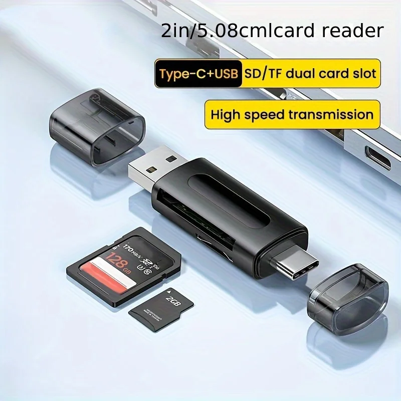 Lecteur de cartes USB Type-C 4-en-1 multifonctionnel, lecteur de mémoire externe noir, lecteur de cartes mémoire extensibles pour cartes USB 2.0 Mini SD TF