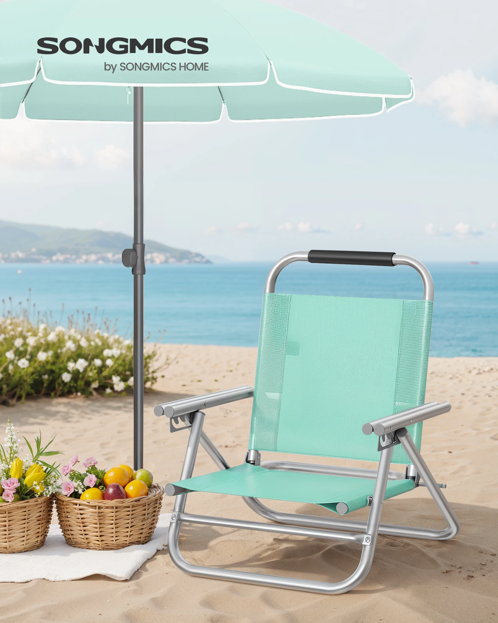 SONGMICS Strandstuhl, tragbarer Klappstuhl, Rückenlehne 4-stufig verstellbar, mit Armlehnen, atmungsaktiv und komfortabel, Outdoor-Stuhl