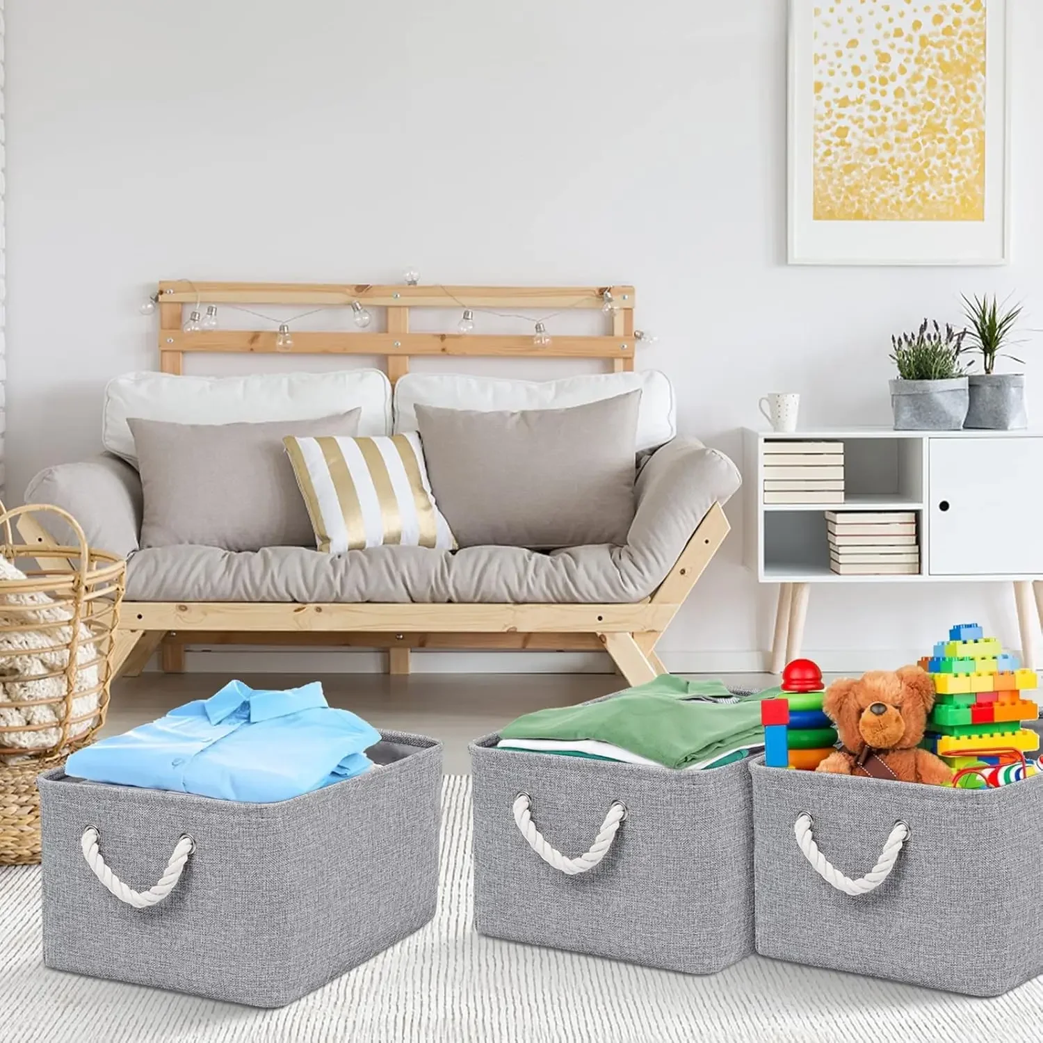 Rechteckige Leinwand-Aufbewahrungsboxen Zusammenklappbarer Aufbewahrungskorb mit Griff für Zuhause/Kinderspielzeug/Kleiderschrank/Aufbewahrung