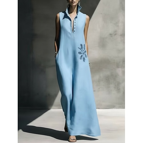 Damen Maxikleid Boho-Kleid Elegant Urlaub Normale Passform Blumen Ärmellos Stehkragen Himmelblau Grün Aprikose Frühling Image