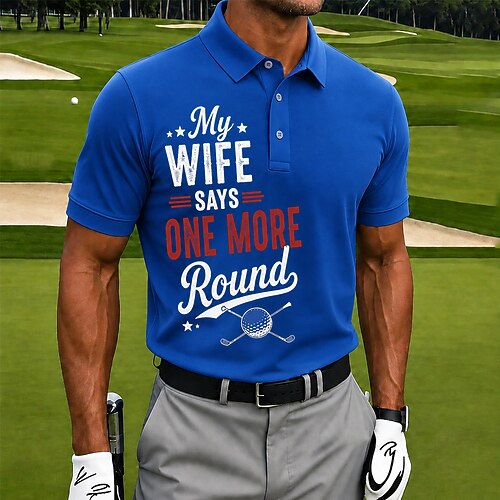 Meine Frau sagt: Noch eine Runde! Herren-Golf-Poloshirts, Kurzarm-Poloshirts, Poloshirts mit Kragen, lässige Athleisure-Kleidung, 3D-Druckknöpfe, atmungsaktives Mesh, Sommer, Frühling, blau, weiß, rot