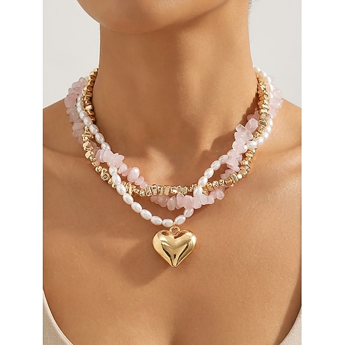 Mehrlagige Damenkette mit Imitationsperlen, rosa Steinen und Goldperlen, elegantes Choker-Anhänger-Design für Alltag, Urlaub, Gartenpartys und halbformelle Anlässe. Image