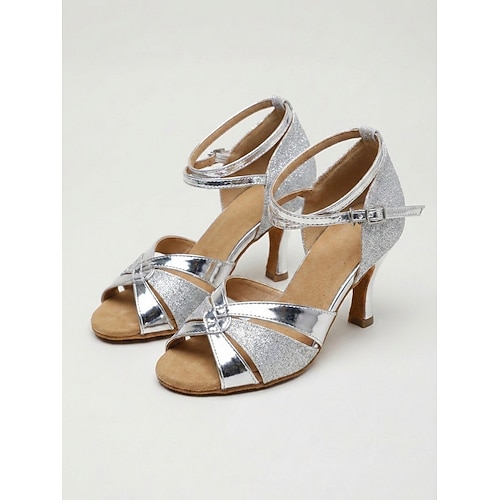 Champagnerglitzernde Latein-Tanzschuhe für Damen – elegante Salsa-Schuhe mit offener Zehenpartie Tangosandalen mit verstellbarem Knöchelriemen für Standardtänze, Lateinamerikanische Tanzdarbietungen Image