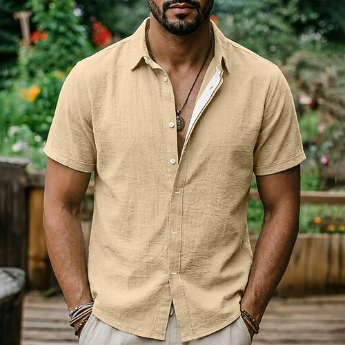 Herren Hemd Leinenhemd Sommerhemd Strandhemd Sommer Hawaiihemd Einfarbig Lässig Täglich Blau Schwarz Weiß Grün Kurzarm Kragen Frühling Sommer Sommer Bekleidung Spleißen