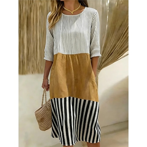 Damen Midikleid Shiftkleid Sommerkleid Urlaub Lässig Strand Ausgehen Lässiger Schnitt Blumen Grafik Dreiviertelarm Rundhalsausschnitt Gelb Sommer Frühling Image