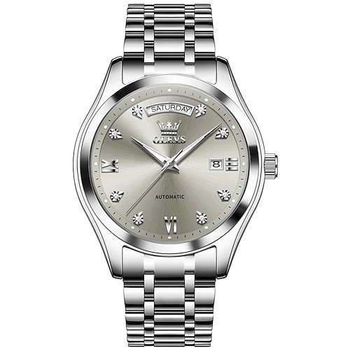 Olevs Herren-Automatikuhr, silberfarbenes Edelstahlgehäuse, luxuriöse mechanische Armbanduhr mit Selbstaufzug, wasserdicht, Business-Uhr mit Datumsanzeige, römischen Ziffern und Diamantzifferblatt Image