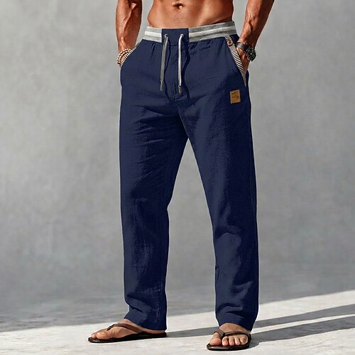 Herren Leinenhosen Hose Sommerhose Kordelzug Elastischer Bund Gerader Schnitt Einfach Komfort Bequem Volle Länge Lässig Täglich Strand Urlaub Mode Blau Khaki Unelastisch Image