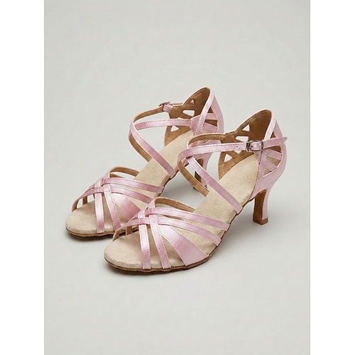 Lila Satin-Lateintanzschuhe für Damen – elegante Salsa-Schuhe mit gekreuztem Riemen und Schnalle Gekreuzte Gurte für Tanzübungen, Aufführungen, Partys gesellschaftliche Veranstaltungen Image