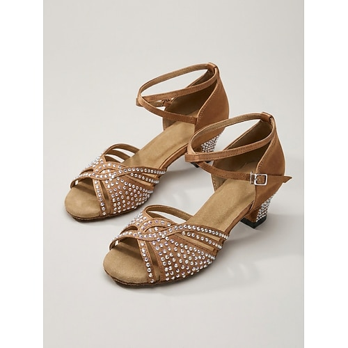 Hellbraune, mit Strass besetzte Satin-Lateintanzschuhe für Damen – elegante Salsa-Sandalen mit Cut-out, offener Zehenpartie, Blockabsatz und verstellbarem Riemen für Tanztraining und Auftritte Image