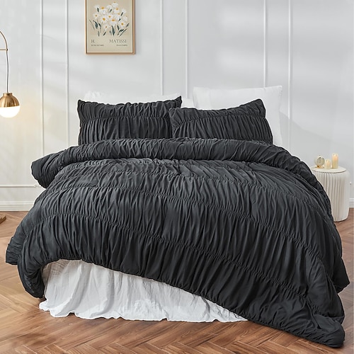 Bettwäsche-Set (Queen-Size) – geraffte Steppdecke im Boho-Shabby-Chic-Stil fürs Schlafzimmer, flauschiges 3-teiliges Set mit Kissen, weiche weiße Bettwäsche Image