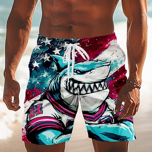 4. Juli 2026 250. Herren Hai Amerikanische Flagge Badehosen Badeanzüge Badeshorts Boardshorts Mittlere Taille Patriotisch Täglich Ferien Seitentaschen Netzfutter Elastischer Kordelzug in der Taille Image