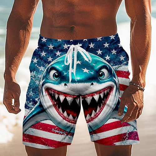 4. Juli 2026 250. Herren Hai Amerikanische Flagge Badehosen Badeanzüge Badeshorts Boardshorts Mittlere Taille Patriotisch Täglich Ferien Seitentaschen Netzfutter Elastischer Kordelzug in der Taille Image