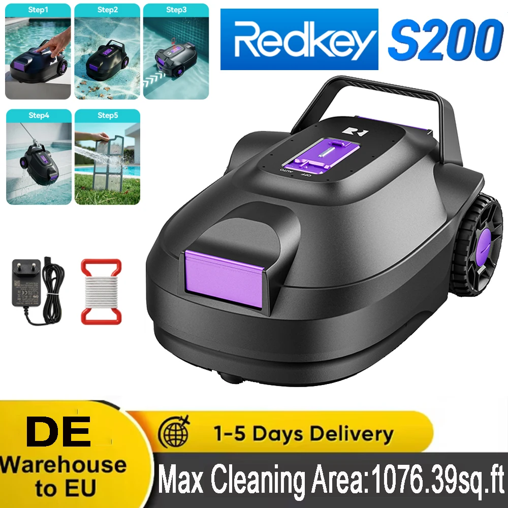 Redkey S200 Automatischer Kabelloser Roboter-Poolreiniger, 180 Minuten Laufzeit, Ein-Klick-Start, Automatische Parkfunktion, Ideal für Aufstell- und Einbau-Pools mit flachem Boden, Deckt bis zu 100 m² ab ㎡ Image