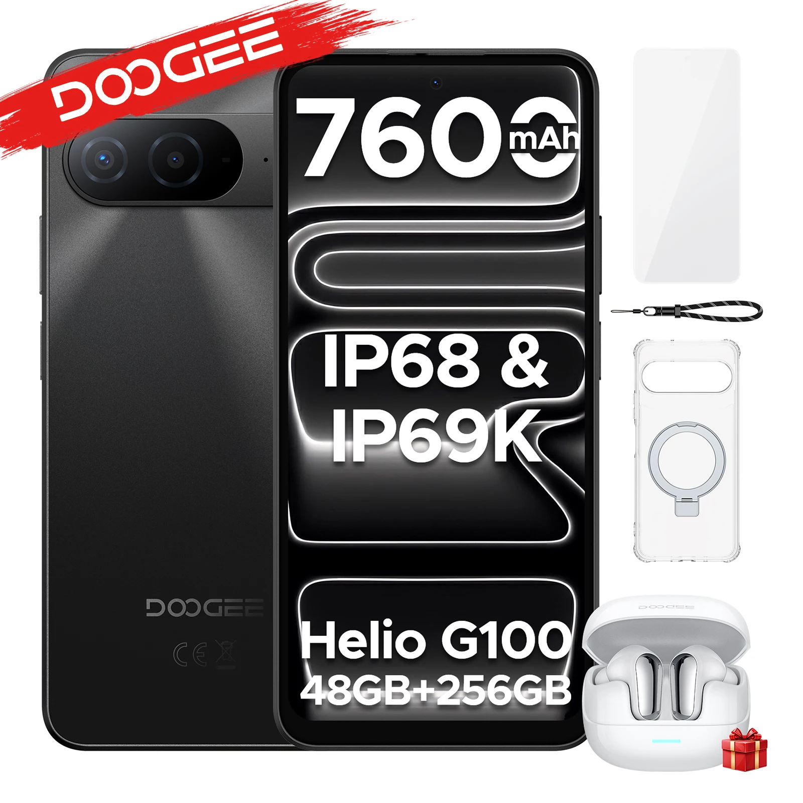 DOOGEE B10 Handy, Smartphone IP68 Wasserdicht Android 16 6,63 Zoll Helio G100 7600 mAh Akku 48 GB RAM (6+42) 256 GB ROM Google Pay unterstützt Image