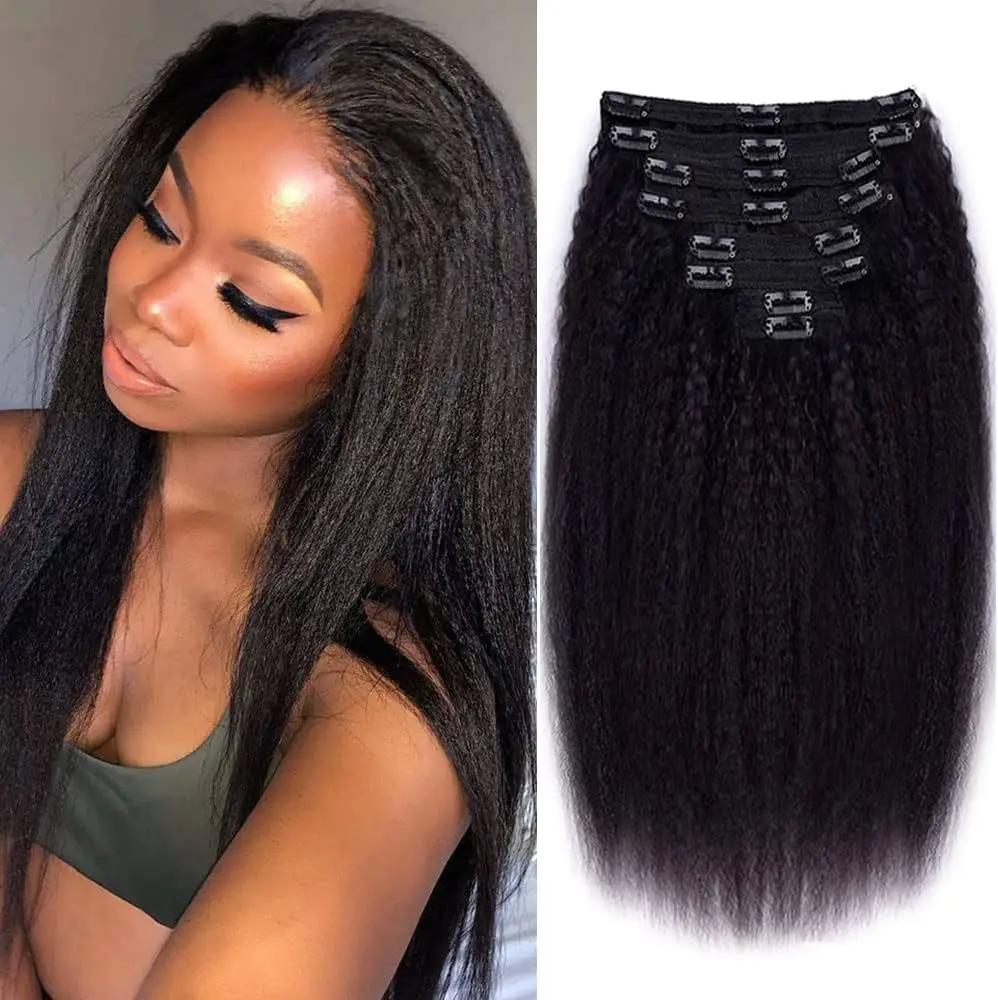 Verworrene gerade Clips in Echthaarverlängerungen, natürliche Farbe, brasilianisches 100 % Remy-Echthaar, 120 g, 8 Teile/satz, voller Kopf für Frauen Image