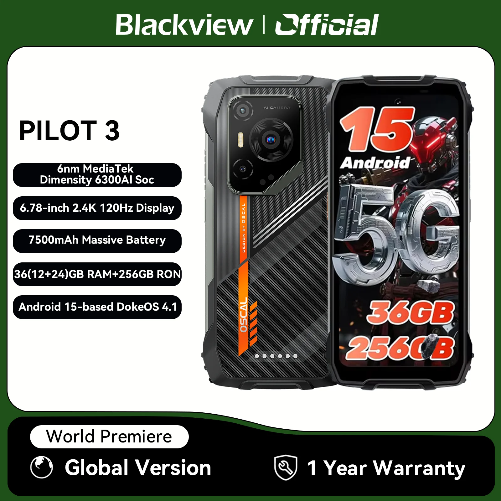 Blackview OSCAL PILOT 3 5G Mobiltelefone KI-Robustes Smartphone MTK 6300, 6,78 Zoll 2,4K Display 120Hz, 12GB 256GB, 7500mAh Handys Image