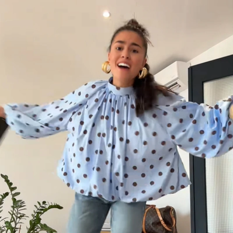 2026 Neue modische zweifarbige Damen-Bluse mit Polka Dots, Stehkragen, Puffärmeln, rückenfrei, zum Schnüren, locker geschnitten, Vintage Party Streetwear Top Image