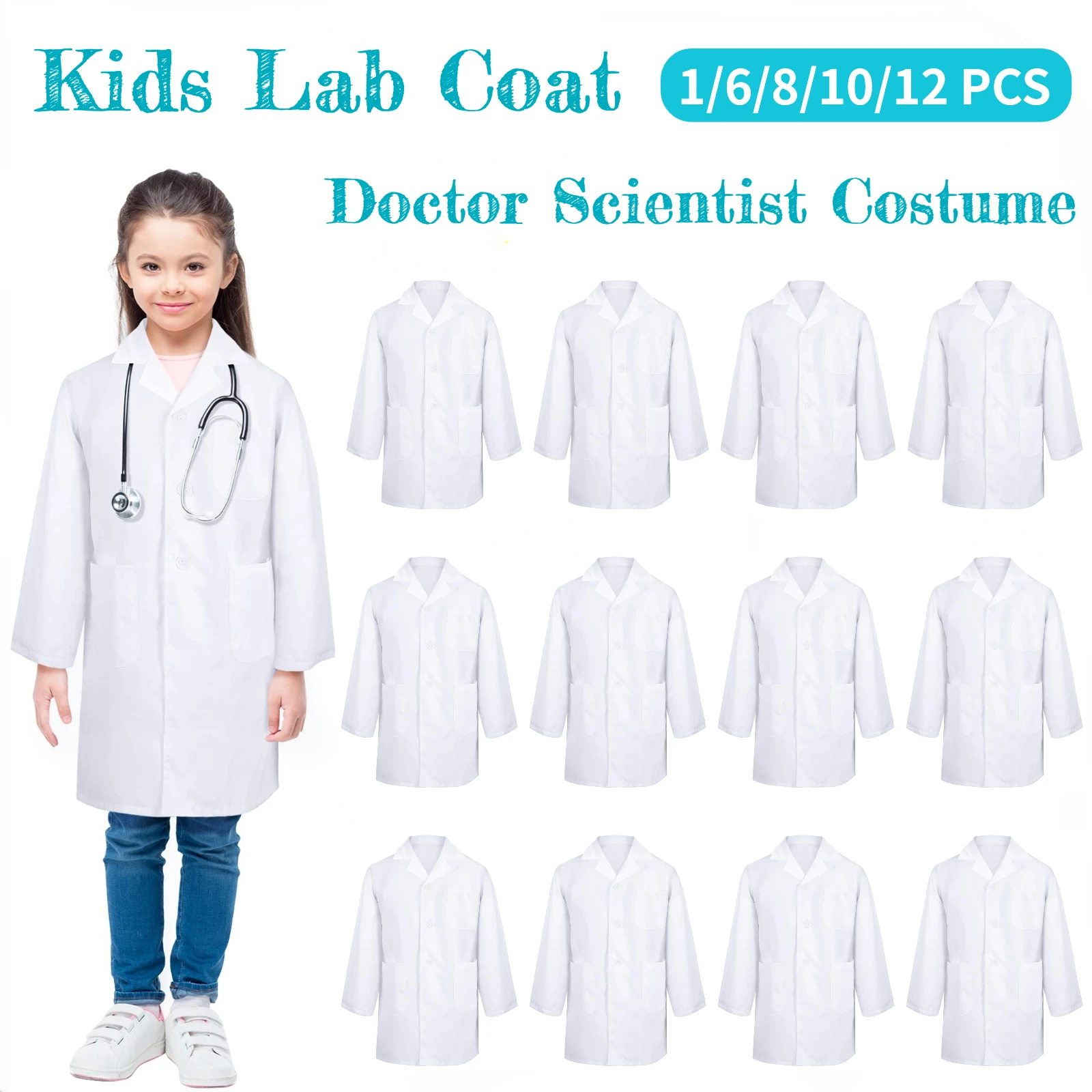 1-12 Stück Unisex Kinder-Laborkittel Schulkittel Weißer Arztkittel Wissenschaftler-Kostüm für Jungen und Mädchen Geburtstagsparty Cosplay Image