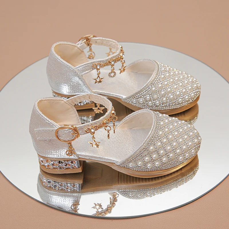 Mädchen-Schuhe mit hohen Absätzen für Hochzeit, Party, glitzernde Strass-Anhänger, glänzende Glitzer-Mode, Prinzessin, Kinder-Lederkleidschuhe Image