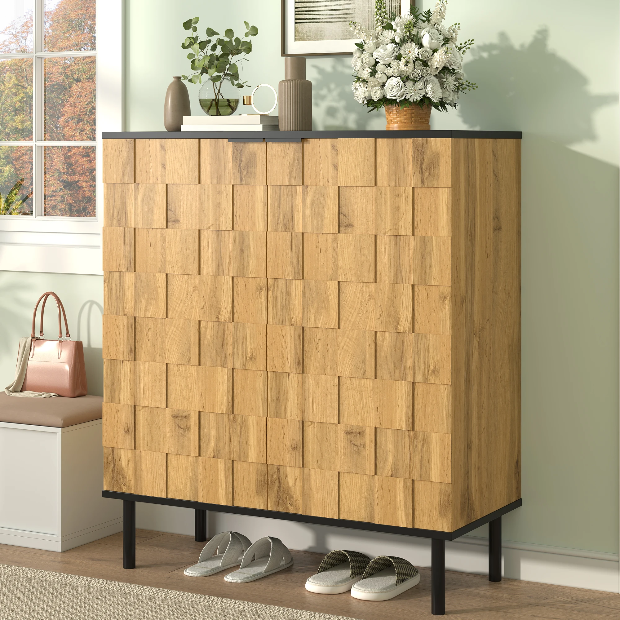 Schuhschrank - mit 2 Türen und verstellbaren Einlegeböden - für den Flur - aus Holzplatten - 80×35×91,5 cm - naturfarben Image