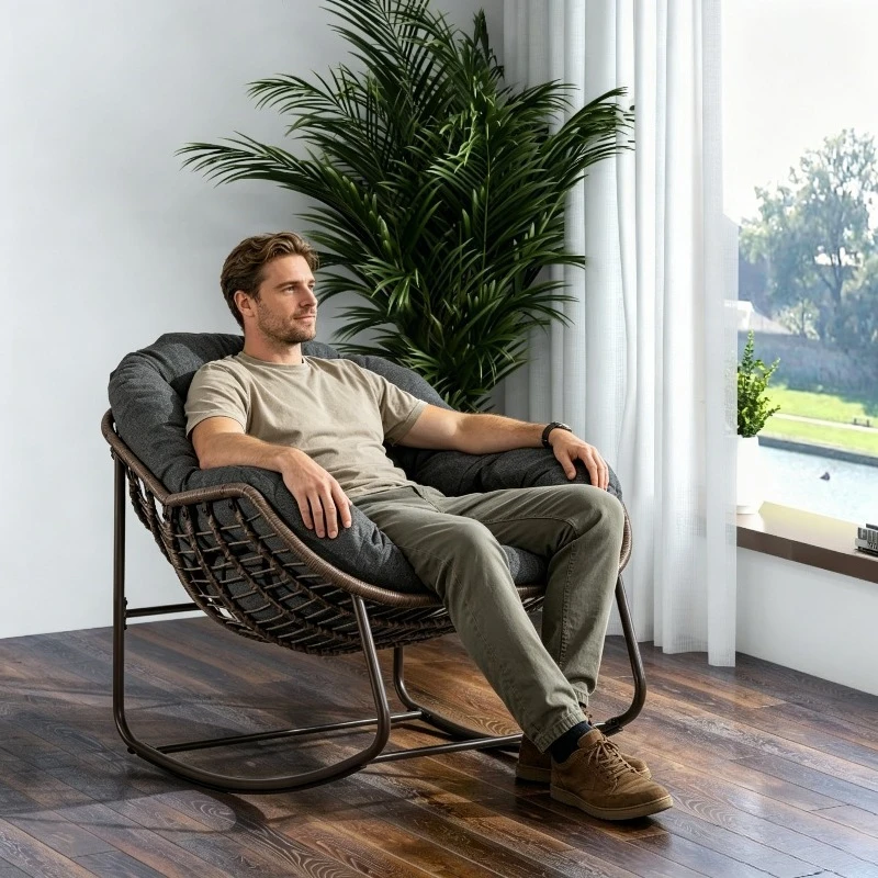 Outdoor-Schaukelstuhl, Übergroßer Rattan-Ei-Schaukelstuhl für Terrasse, Bequemer Schaukelstuhl für Innen & Außen mit Dicker Polsterung