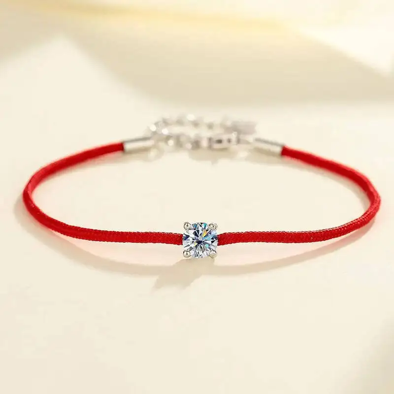 JoiasHome 0,5CT D-Farbe Moissanit Rotes Schnur-Armband S925 Silber Verstellbares Glücksarmband für Damen und Herren Image