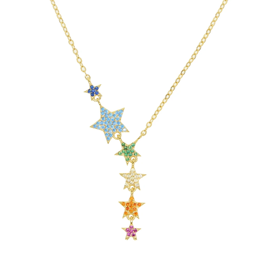 2026 Damen Mode Party Schmuck Micro Pave Bunter Zirkonia Regenbogen Stern Gliederkette Sexy Mehrlagiger Choker Y-Anhänger Damen Halsketten Image