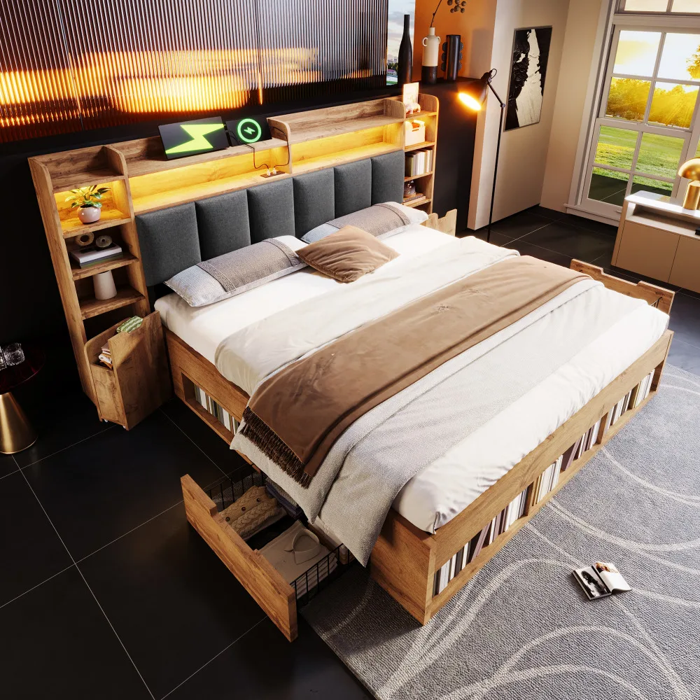Eichenholz 180x200cm Doppelbett mit LED-Kopfteil, Nachttischen, USB-C-Anschluss, Stauraum, Rollschubladen, Holzlattenrost, ohne Matratze Image