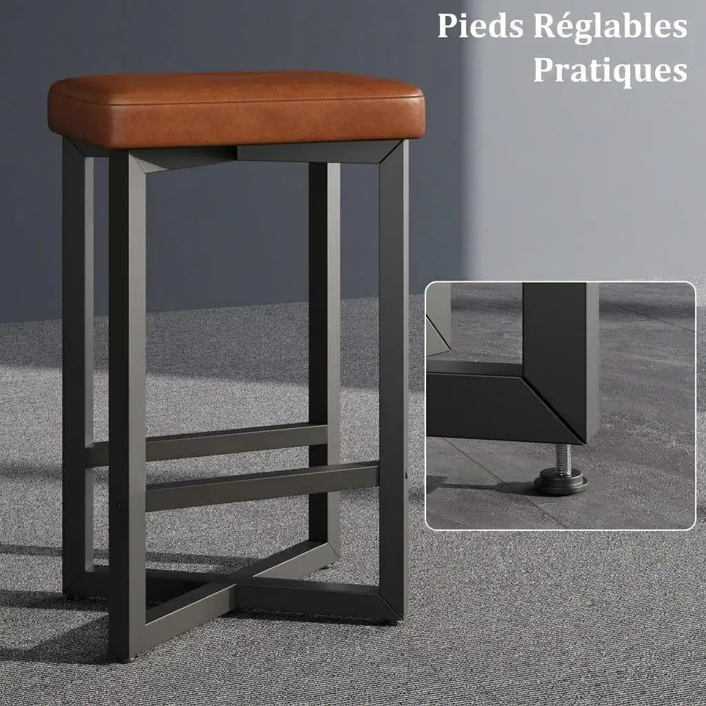 Rückenfreie Barhocker im 4er-Set: 62,5 cm Höhe, gepolsterte Sitze aus Retro-Braunem PU-Leder, Metallgestell mit Fußstütze, moderne Küchen-Frühstücksbarhocker für Esszimmer, bequeme gepolsterte Image