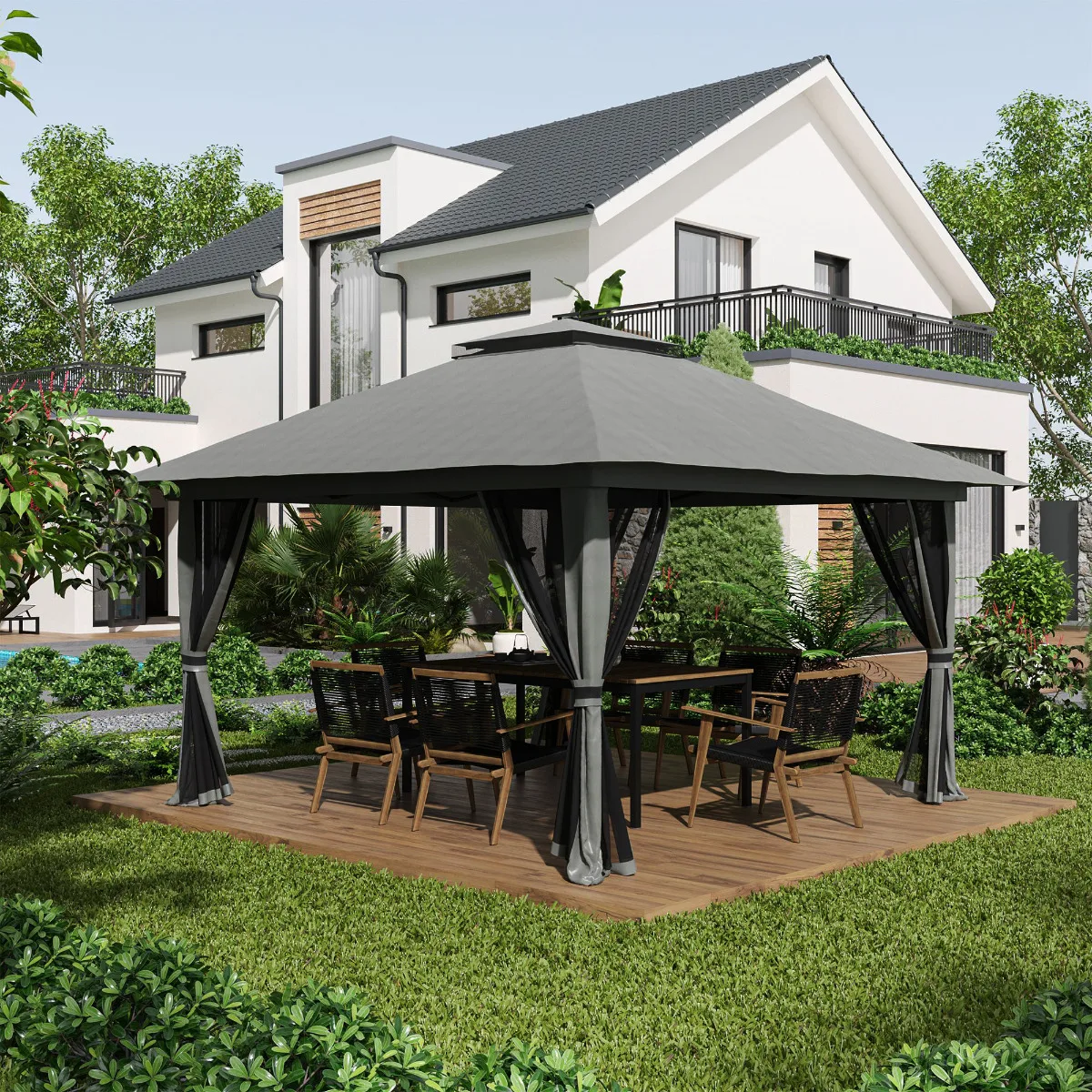 Pop-Up Pavillon 4x4 m – Dunkelgrau, UV-Schutz, Netzseitenwände, Doppeldach, Wetterfester Faltbarer Gartenpavillon Image