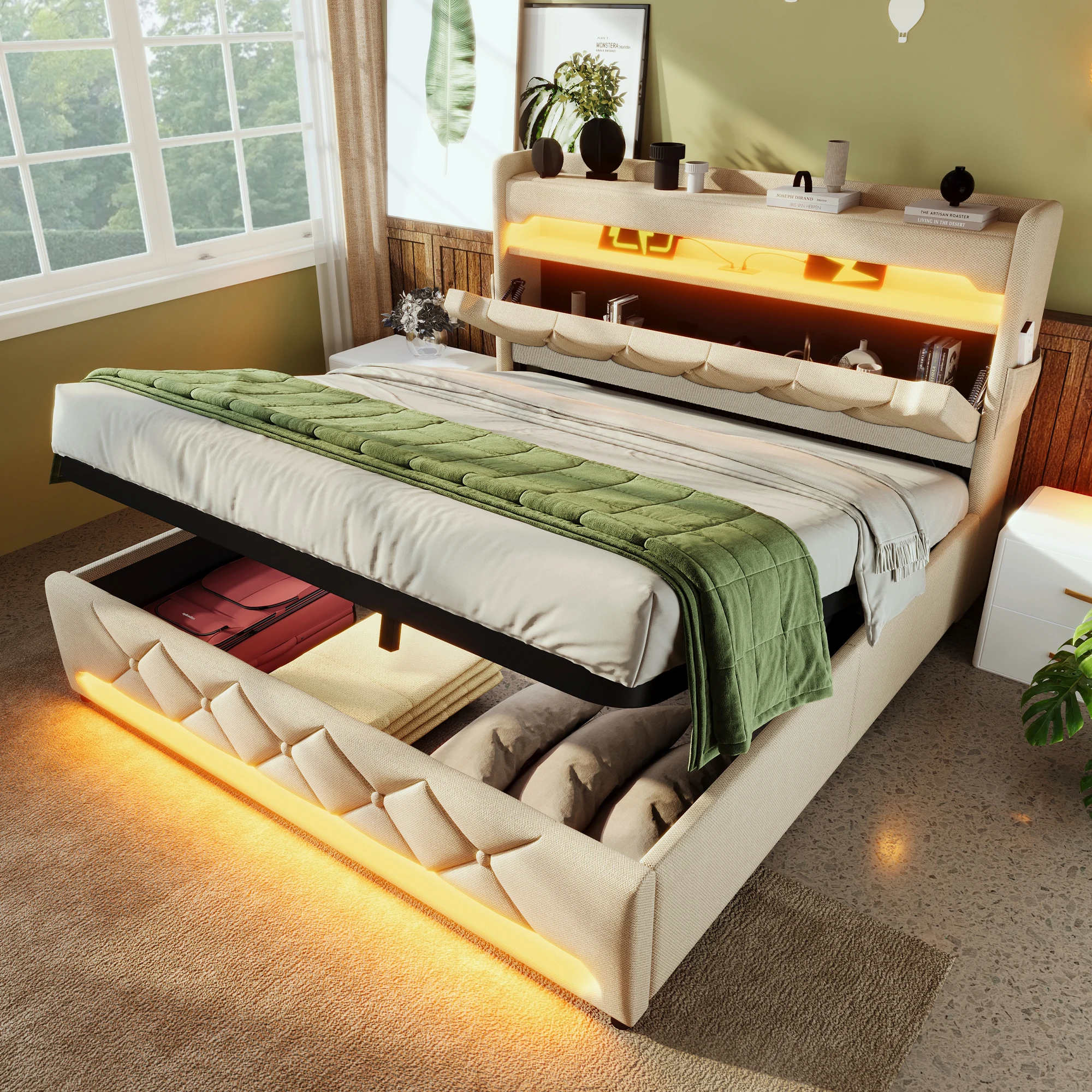 Doppelbett mit Stauraum, USB, Typ-C und verstellbarer LED-Beleuchtung 140×200 cm, ohne Matratze, in Leinenbeige Image
