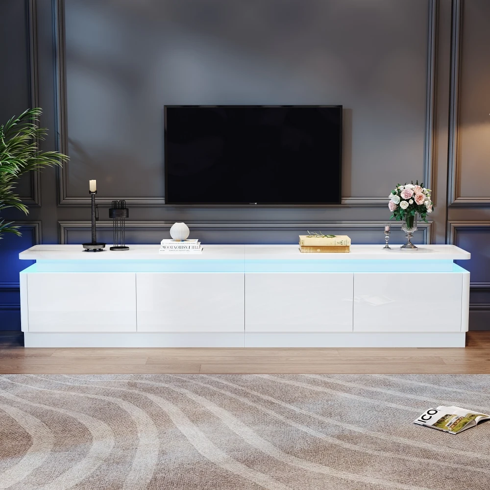 Weißer Hochglanz-TV-Ständer 180×34×40 cm, 4 Schubladen mit LED-Beleuchtung, TV-Schrank geeignet für Fernseher bis zu 80 Zoll