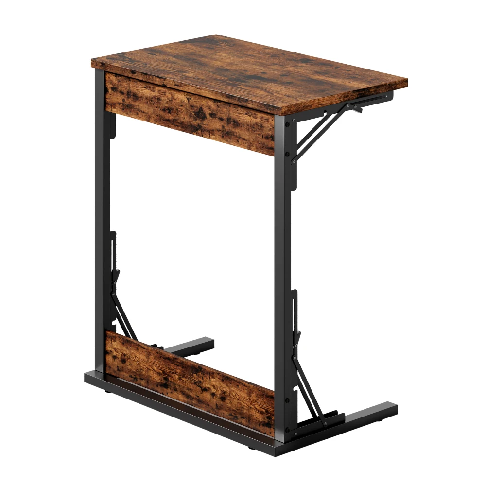 Klappbarer C-förmiger Beistelltisch mit Metallgestell & verstellbaren Füßen, Beistelltisch Kaffeetisch für Wohnzimmer Schlafzimmer Büro, als TV-Tablett nutzbar, 60 x 37 x 71 cm, Braun