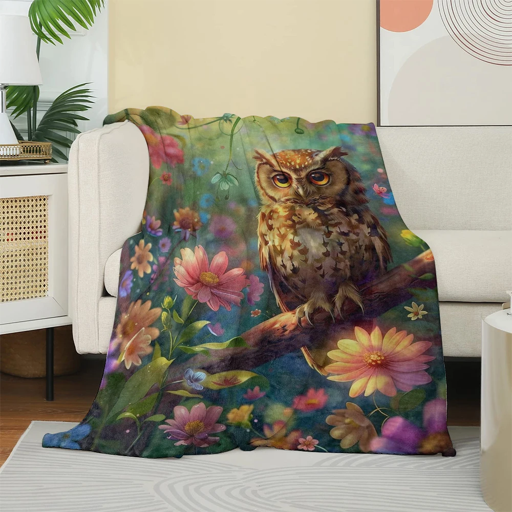 1 STÜCK Überwurf Niedliche Eule Blumen Tiere Muster Flanelldecke Dünne Überwurf Weiche Warme Lichtdecken Festival Geschenke für Familie Freunde Image