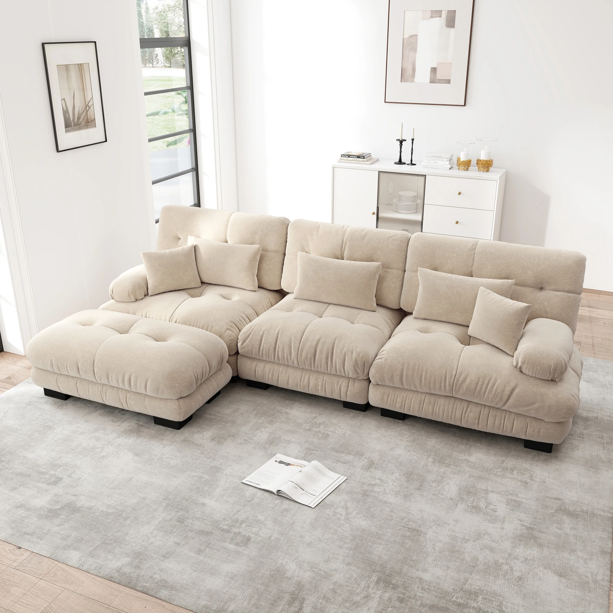 Luxuriöses modulares Ecksofa – Übergroße L‑förmige Cloud Couch für Wohnzimmer, tiefes Schlafsofa mit Ottoman, weicher Chenille‑Bezug, mit 3 Lendenkissen & 3 Dekokissen – Hellbraun (Light Coffee)