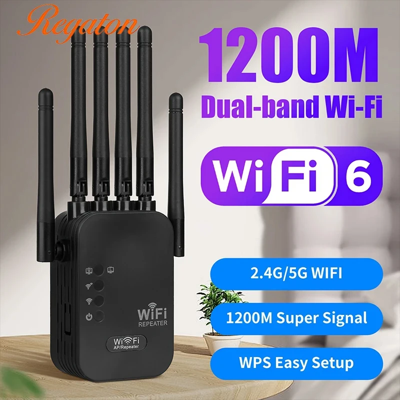 Regaton Home WLAN-Signalverstärker mit großer Reichweite, 1200 m, 2,4 G, 5 G, kabelloser Repeater, 6 High-Gain-Antennen, Netzwerkabdeckungsverstärker Image