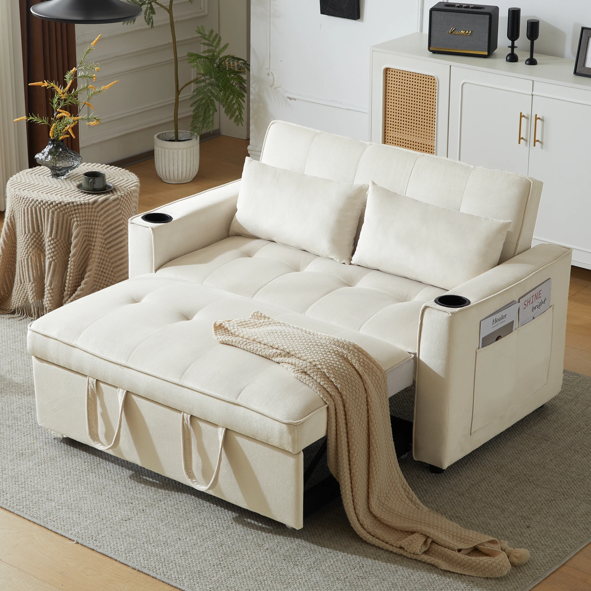 2-Sitzer Konvertierbares Sofa Multifunktionale Verstellbare Rückenlehne mit Getränkehalter Seitentaschen Beige Samt Image
