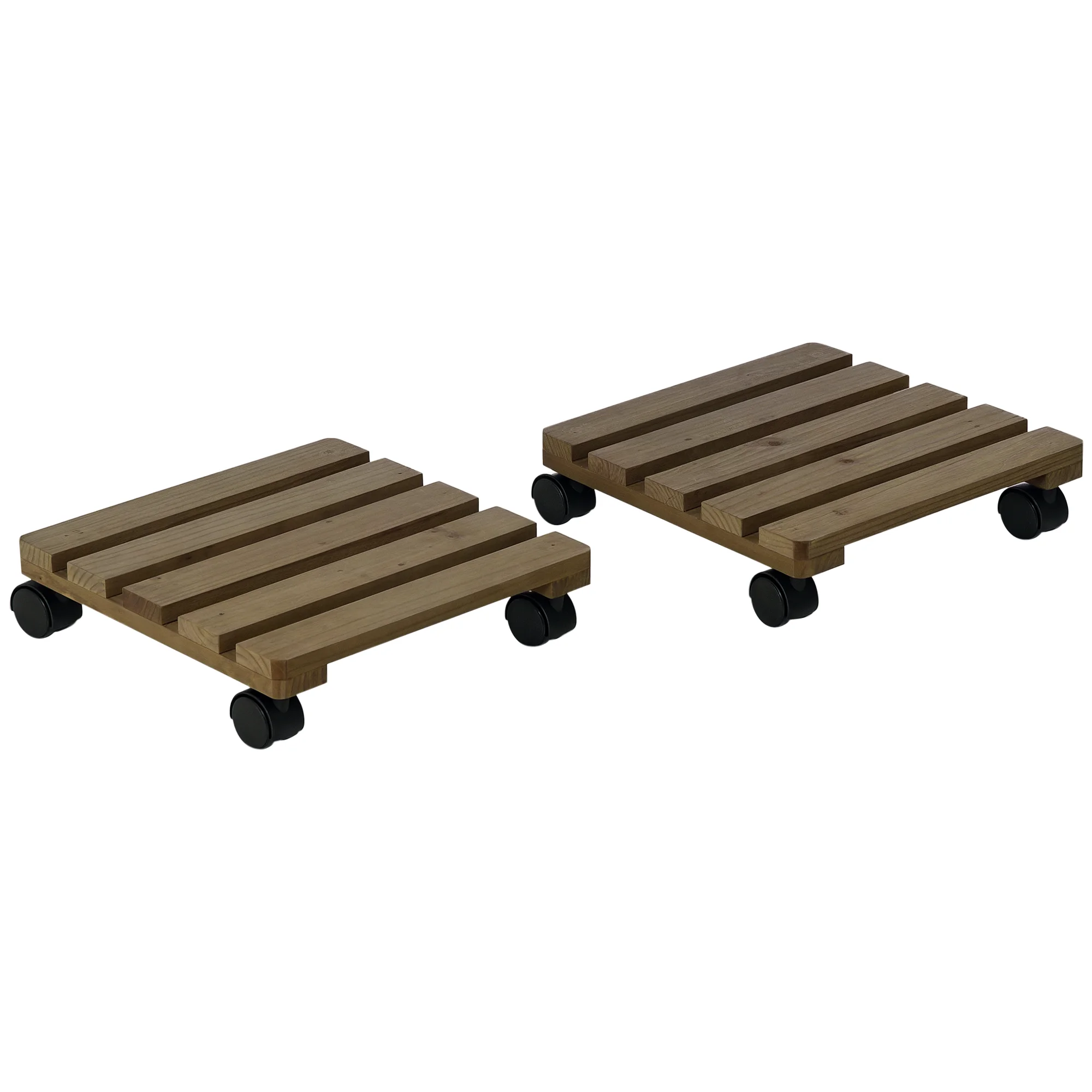 Rollbare Pflanzenständer, 2er-Set, Massivholz, 4 Räder mit Bremsen, 30x30x7 cm, Braun und Schwarz Image